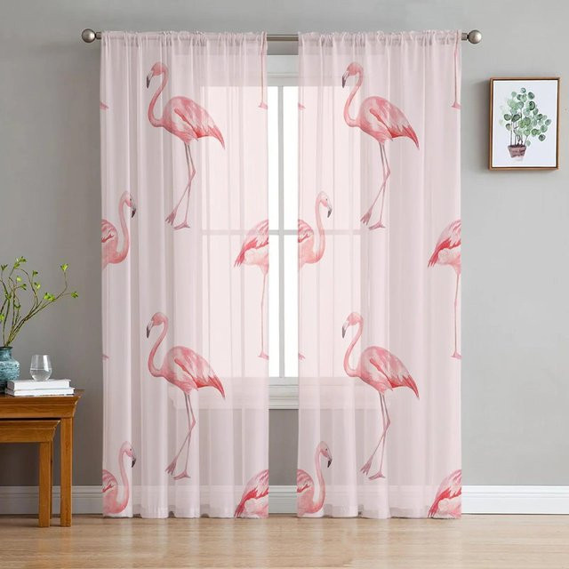Yiran Furniture Transparente Voile-Vorhänge im Nordic Stil mit Flamingo-Motiv in Rosa, Breite: 135 cm, Höhe: 160 cm - Bild 1