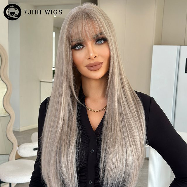 7JHH WIGS Perücke für Damen, lange aschblonde Synthetik-Haare, grau, mit Pony - Bild 1