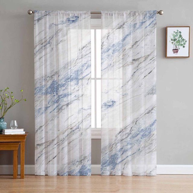Moderne transparente Vorhänge mit Marmormuster in Weiß von Household supplies MH, Tüll Voile Fenstervorhänge, Breite: 135 cm, Höhe: 185 cm - Bild 1