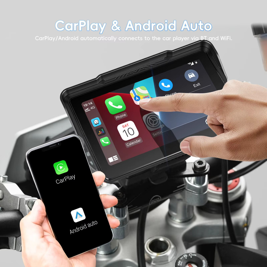 Podofo 7 Zoll Kabelloser CarPlay und Android Auto Motorrad-Player, IP67 Wasserdichter Smart-Navigationsmonitor mit Touchscreen und Bluetooth, Schwarz - Bild 2