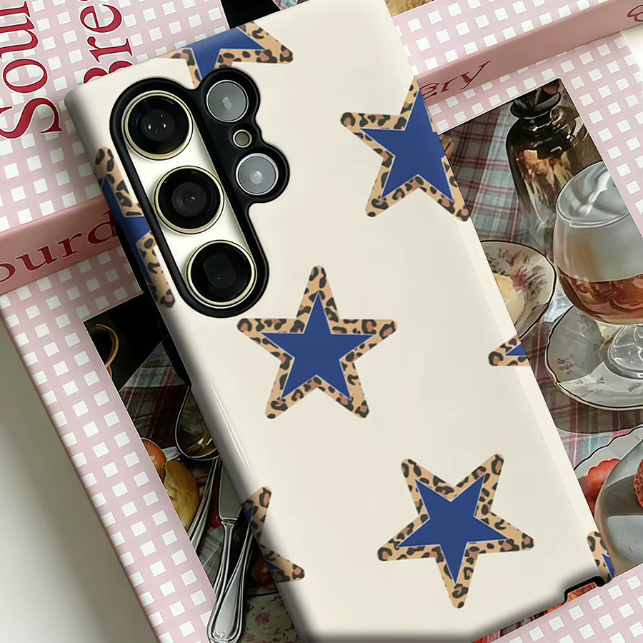 Stoßfeste Doppelschicht Handyhülle mit Leopardenmuster und blauen Sternen für Samsung Galaxy S25 Ultra, S24 und S23 Ultra Plus in Multicolor - Bild 3