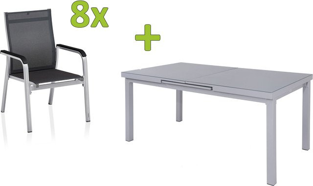 Kettler BasicPlus Premium Garten-Essgruppe aus Aluminium und Textilene in Silber mit ausziehbarem Tisch und 8 Stapelsesseln - Bild 1