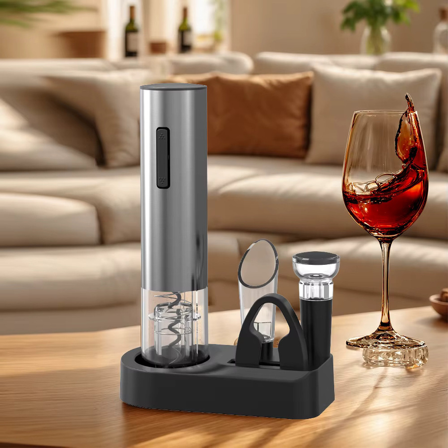 FLYMUYU Elektrisches Weinöffner-Set aus Edelstahl in Silber mit Ständer, Folienschneider, Ausgießer und Stopper - Bild 6