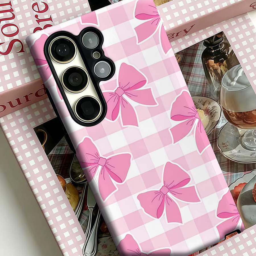 Stoßfeste Handyhülle mit rosa Gingham-Schleifenmuster für Samsung Galaxy S25 Ultra, S24 und S23 Ultra Plus in Pink - Bild 3