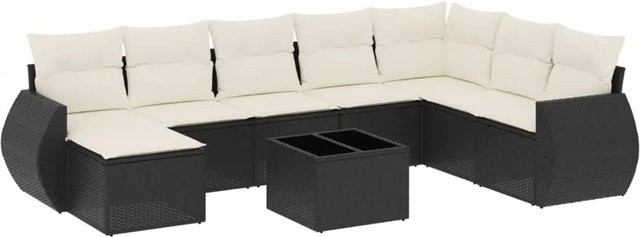 vidaXL 9-tlg. Garten-Sofagarnitur in L-Form aus schwarzem Poly-Rattan mit Kissen und pulverbeschichtetem Stahlgestell - Bild 1