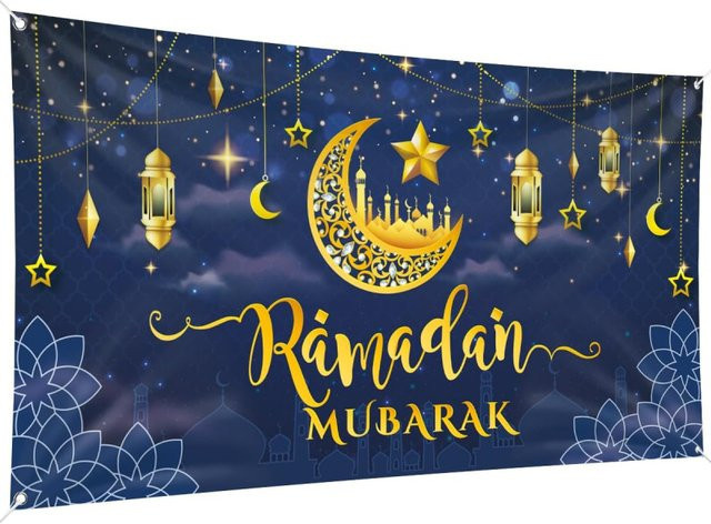VIKAMA Ramadan Kareem Banner Blau mit Mond-Motiv als orientalische Dekoration und Fotokulisse - Bild 1