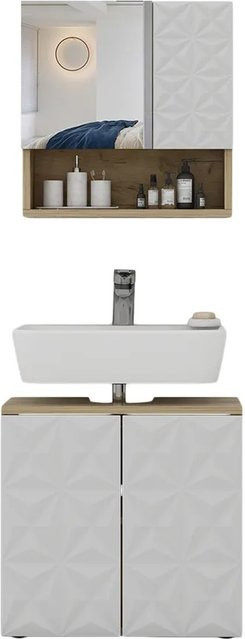 Vicco Badmöbel-Set Edge in Weiß und Eiche bestehend aus Spiegelschrank, Waschbeckenunterschrank und Badezimmerkommode - Bild 2