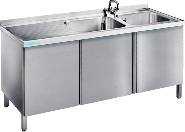 CHROMOnorm Spültisch mit 2 Becken links und Flügeltüren, grau, B/H/T: 160 x 70 x 90 cm - Bild 1
