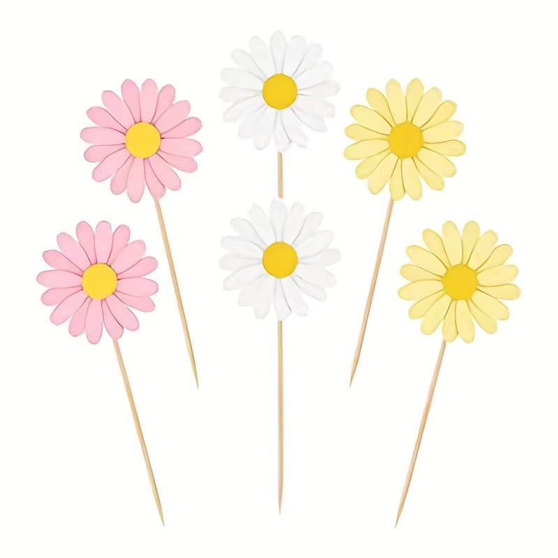 12 Stück Cupcake-Topper aus Papier mit rosa Gänseblümchen und Chrysanthemen als Kuchendekoration in Pink und Multicolour - Bild 2