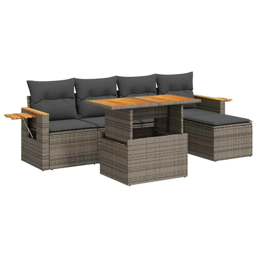 vidaXL 6-teilige Garten-Sofagarnitur in L-Form aus Polyrattan und Akazienholz mit Kissen in Grau - Bild 2