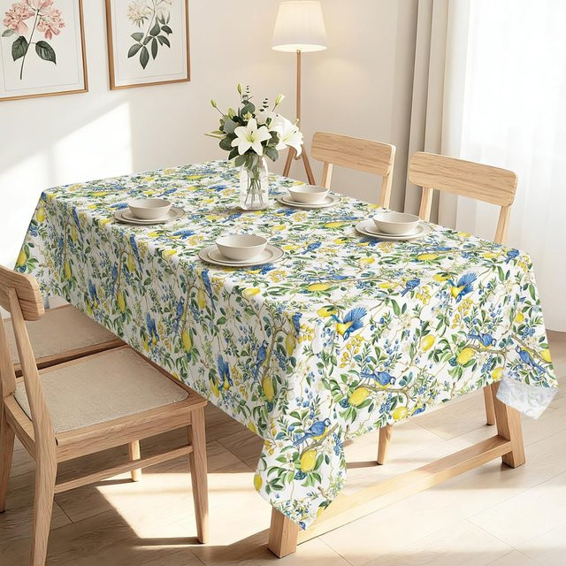 Rechteckige Tischdecke von JINGYUE Pet mit blauem Sommer-Zitronen- und Vogel-Floral-Design, B/B: 140 x 180 cm - Bild 1