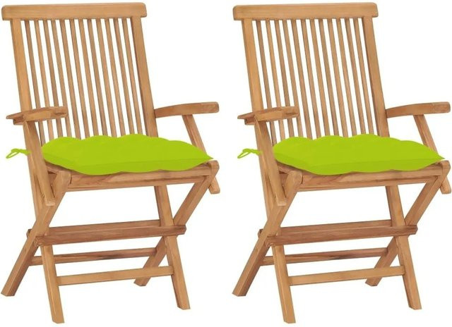 vidaXL Gartenstühle aus Teak Massivholz mit hellgrünen Kissen, 2er Set, stapelbar - Bild 1