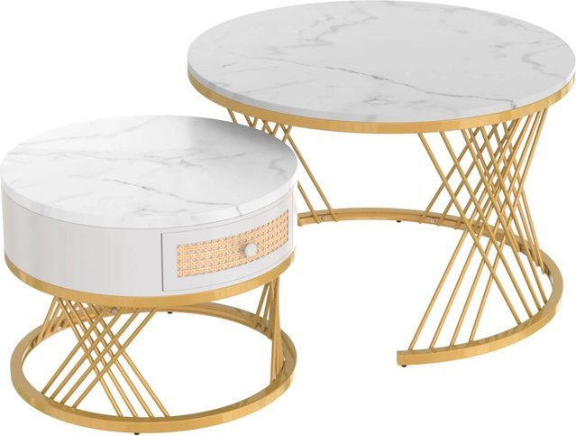 okwish Couchtisch mit Marmormuster und Schubladen in Weiß und Gold, B/T/H: 70 x 70 x 45,5 cm - Bild 1