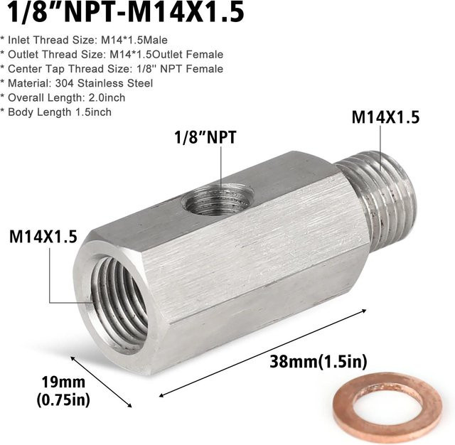 Ando Racing T-Stück Adapter aus Edelstahl in Silber für Öldrucksensor und Manometer mit 1/8 NPT Seitenlöchern und Einspritzleitung auf M12 M10 M14 - Bild 1