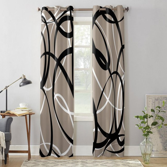 Binchi Vorhänge mit geometrischem Kurvenmuster in Schwarz und Weiß, 2er-Set, B: 100 cm, H: 215 cm - Bild 1