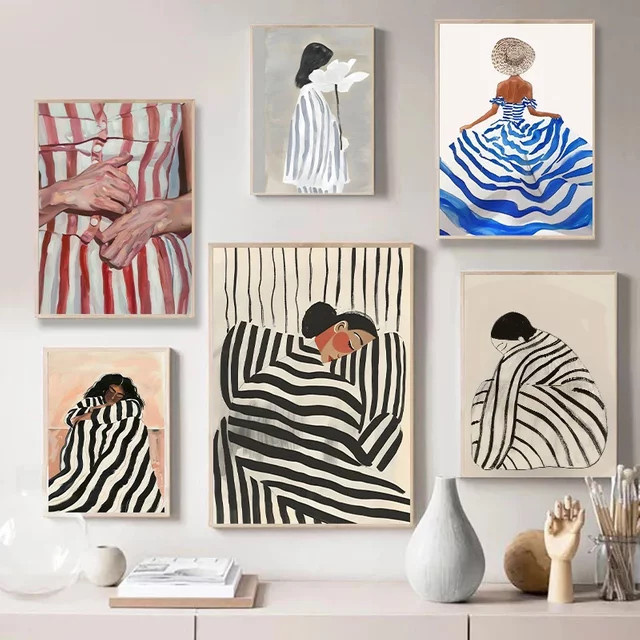 Potdemiel Leinwandbild Abstrakte Streifen mit Frauenfigur als moderne Wandkunst für dein Wohnzimmer - Bild 1