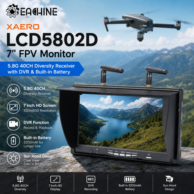 Eachine XAERO LCD5802D 7 Zoll FPV-Monitor in Schwarz mit 5,8G 40CH Diversity-Empfänger, DVR und integriertem Akku für RC-Drohnen - Bild 1
