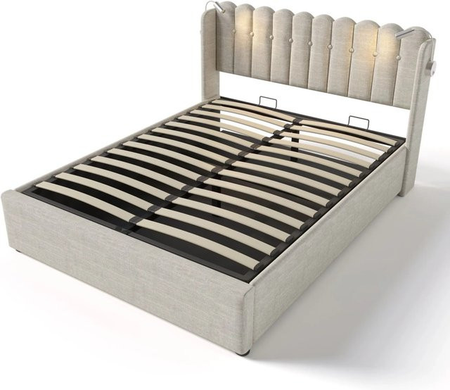 okwish Polsterbett Beige mit Stauraum, Leselicht und USB-Anschluss, B/T/H: 140 x 200 x 145 cm - Bild 1