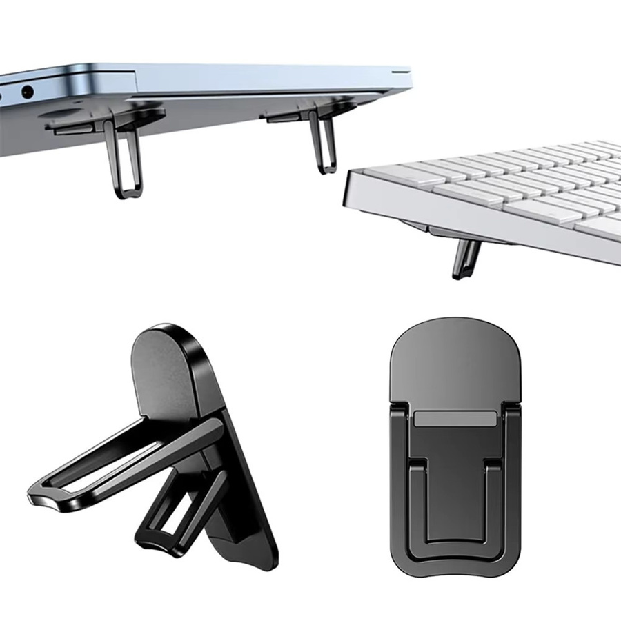 Mini Metall Faltbarer Laptop-Ständer in Schwarz, Tragbarer Computer-Tastaturerhöher mit verstellbarer Höhe und selbstklebender Befestigung - Bild 1