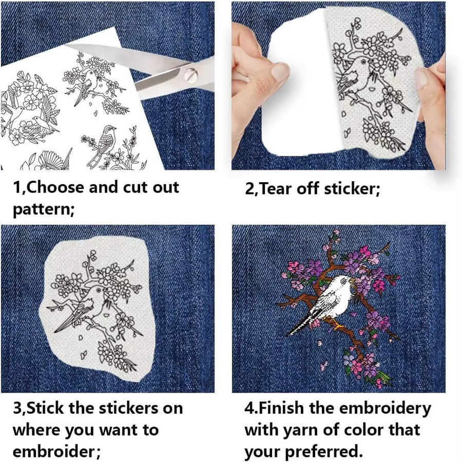 Wasserlösliches selbstklebendes Stickstabilisator-Papier mit elegantem 4-Blatt Blumen- und Vogel-Motiv in Weiß - Bild 3