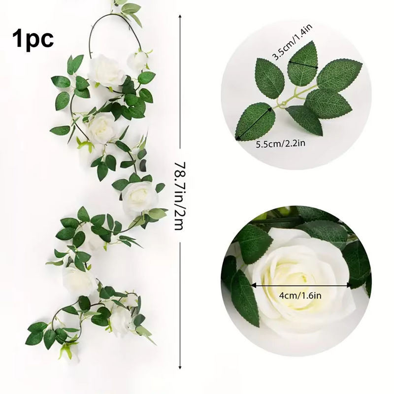 Künstliche Blumengirlande mit weißen Rosen aus Textil, hängende Rosengirlande für Hochzeiten und Garten-Dekoration, Länge: 6 Meter - Bild 2