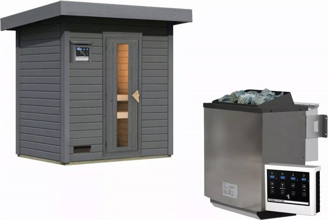 Karibu Saunahaus HYTTI 1 in Terragrau mit 9.0 kW BioKombiofen und Steuergerät, B/T/H: 196 x 146 x 228 cm - Bild 1