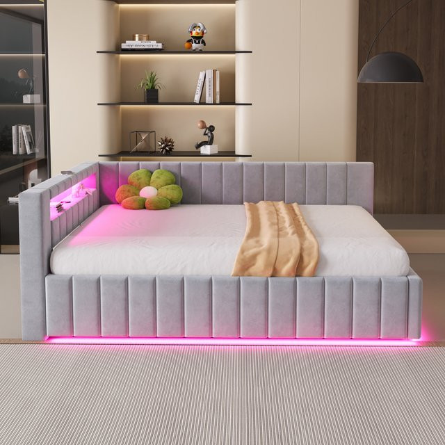 KOMHTOM Polsterbett Schlafsofa aus Samtstoff in Grau mit hydraulischem Stauraum, LED-Beleuchtung und USB-Ladeanschluss, B/T/H: 140 x 200 cm - Bild 1