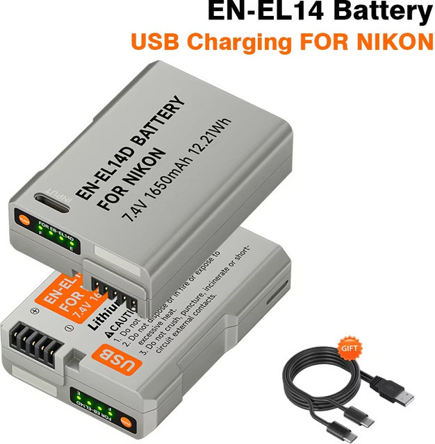 PALO USB Kamera Batterie EN-EL14 EN-EL14a mit 1650 mAh für Nikon P7000 P7700 P7800 D3100 D3400 D3500 D5100 D5300 D5600 in Grau - Bild 1