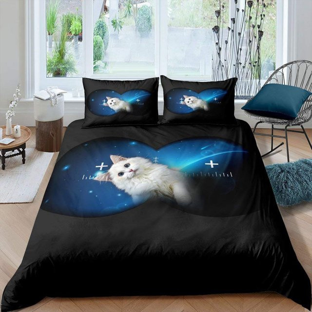 Galaxy Katze Bettwäsche Set aus Mikrofaser mit Weltraum-Motiv, Blau, B/H: 135 x 200 cm - Bild 1