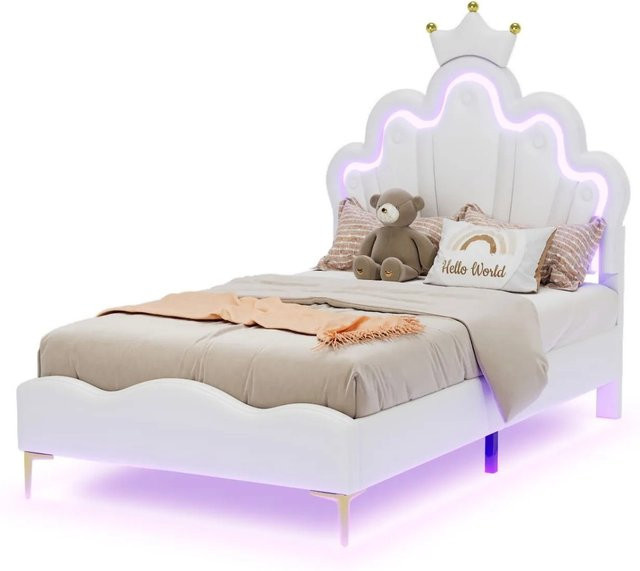 PXloue Kinderpolsterbett aus Kunstleder in Weiß mit verstellbarem Kopfteil und LED-Unterbettbeleuchtung, B/T/H: 90 x 190 cm - Bild 1