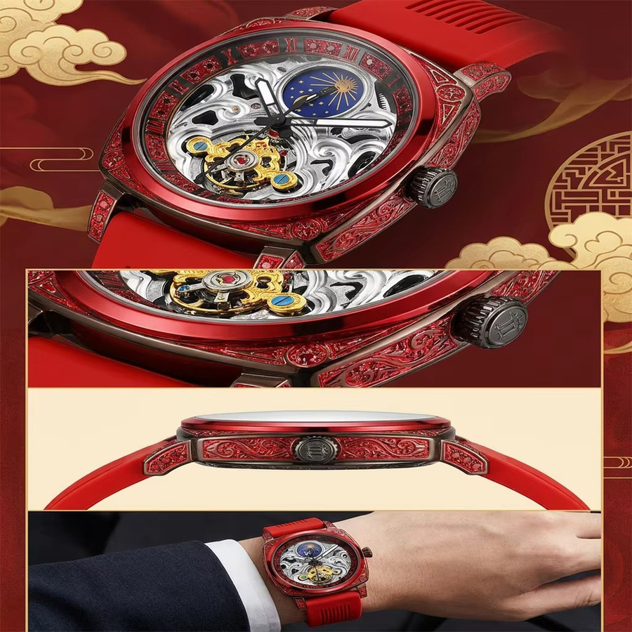 CAROTIF Herrenuhr, Analoguhr, rotes Zifferblatt, Legierung, Vintage - Bild 2
