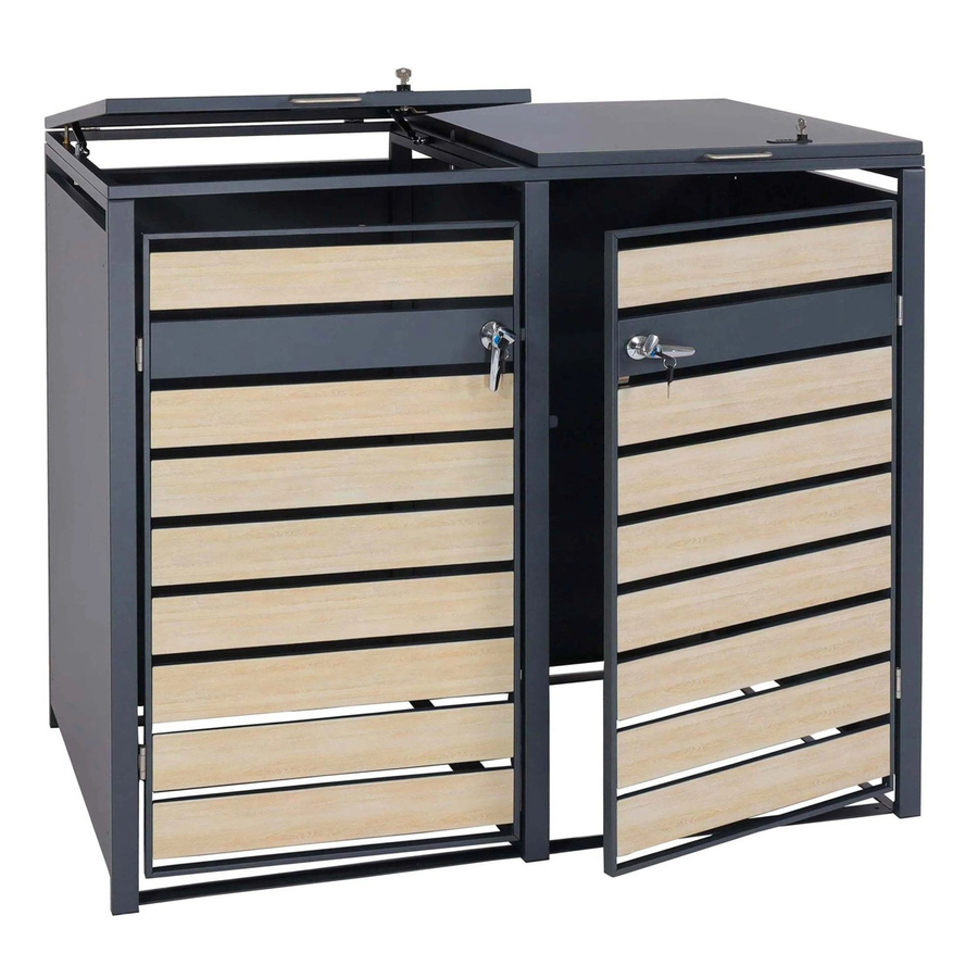 MCW Mülltonnenverkleidung J81 Mülltonnenbox aus Metall in Anthrazit mit Buche-Holzoptik Hellbraun, B/T/H: 117 x 142 x 98 cm - Bild 2