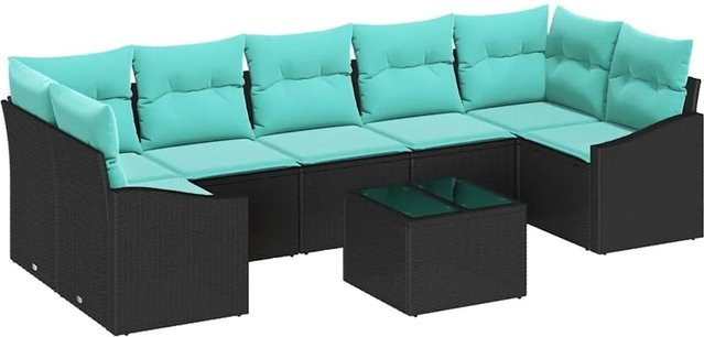 vidaXL 8-teiliges Poly-Rattan Gartenmöbel Set in Schwarz und Türkis mit Kissen und Tisch - Bild 1