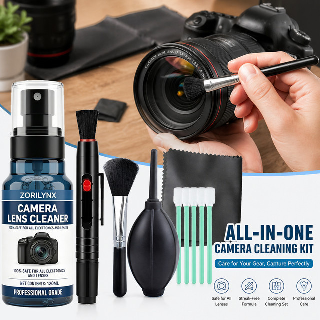 ZORILYNX Kamera-Reinigungsset mit 120ml Reinigungslösung, Luftgebläse, Objektivreinigungsstift, Bürste, Tuch und Sensor-Reinigungstupfer für DSLR und spiegellose Kameras - Bild 1