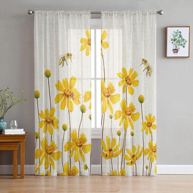 Yiran Furniture Transparentes Voile-Fenstervorhang mit Bienen- und Blumenmuster in Gelb und Weiß, Breite: 135 cm, Höhe: 160 cm - Bild 1