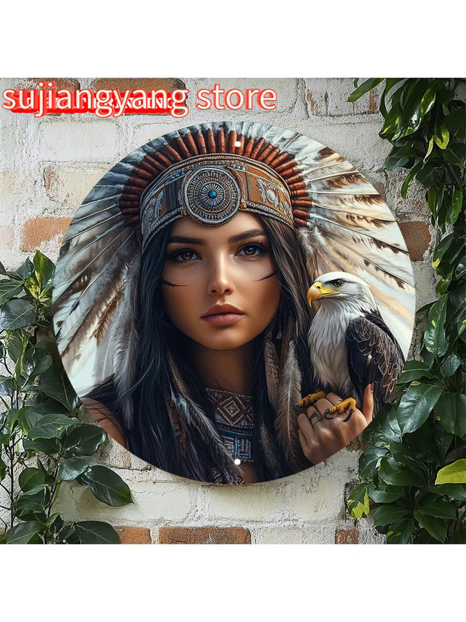 Rundes Metall-Blechschild Potdemiel Indische Frau und Adler, Mehrfarbig, Durchmesser: 20,32 cm - Bild 5