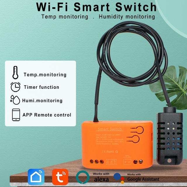 Tuya Smart WLAN Leistungsschalter mit Temperatur- und Feuchtigkeitssensor, Energieverbrauchsüberwachung und Trockenkontakt in Orange - Bild 1