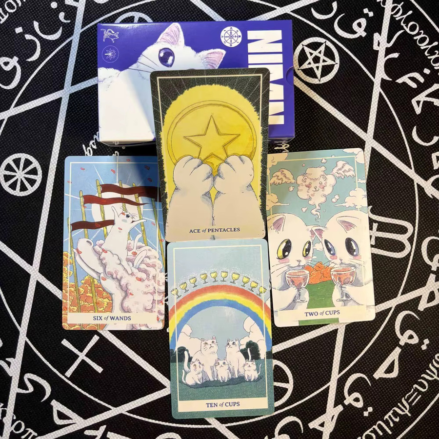 NIMN Weißes Katzen-Tarot, 78-Karten-Tarot-Deck, Aquarell-Katzen-Kawaii - Bild 4