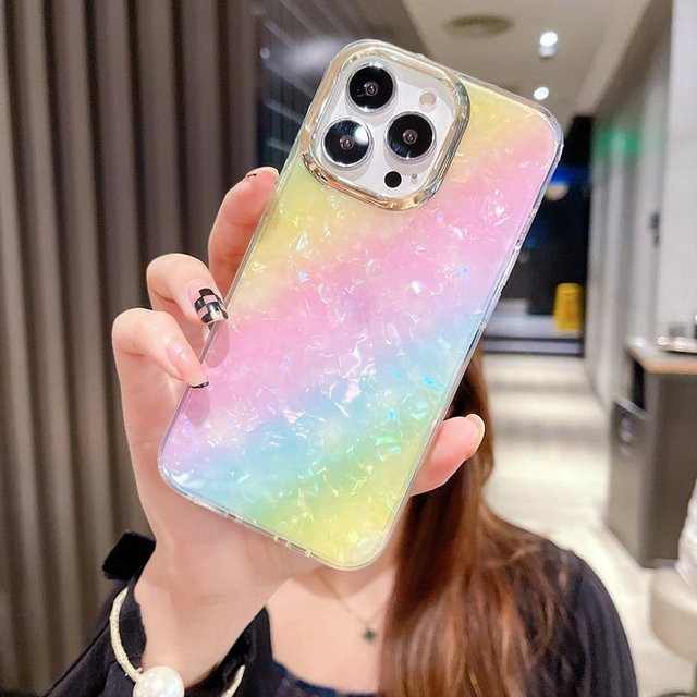 Yiran Handyhülle mit Regenbogen-Muschel-Design und Glitzer-Leopardenmuster für iPhone 16 Pro Max 15 14 13 12 11, stoßfest und galvanisiert, Schwarz/Mehrfarbig - Bild 1