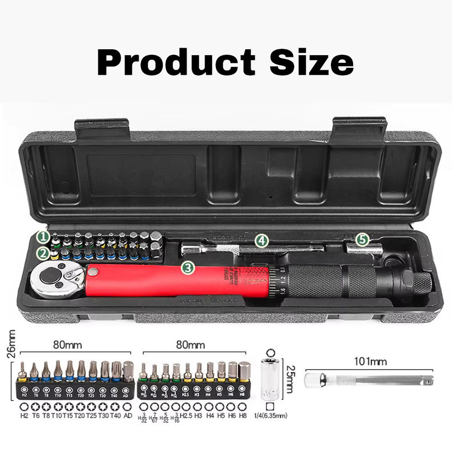 Einstellbares Drehmomentschlüssel Set mit 1/4 Zoll Antrieb, 2-24 N.m, Farbe Rot für Fahrrad, Motorrad und Auto Reparatur - Bild 5