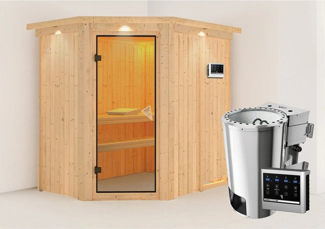 Karibu Sauna Silva mit Bio-Ofen und externer LED-Steuerung in Natur sowie Sauna SAJA mit 3.6 kW BioKombiofen, externer Steuerung, Dachkranz und Ganzglastür in Bronze, B/T/H: 151 x 196 cm - Bild 1