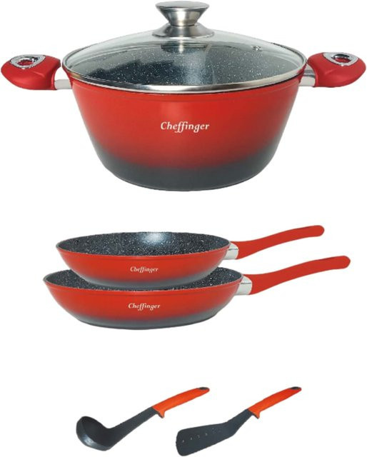 Cheffinger 6-teiliges Kochgeschirr-Set mit Antihaftbeschichtung und Keramikbeschichtung in Rot - Bild 1