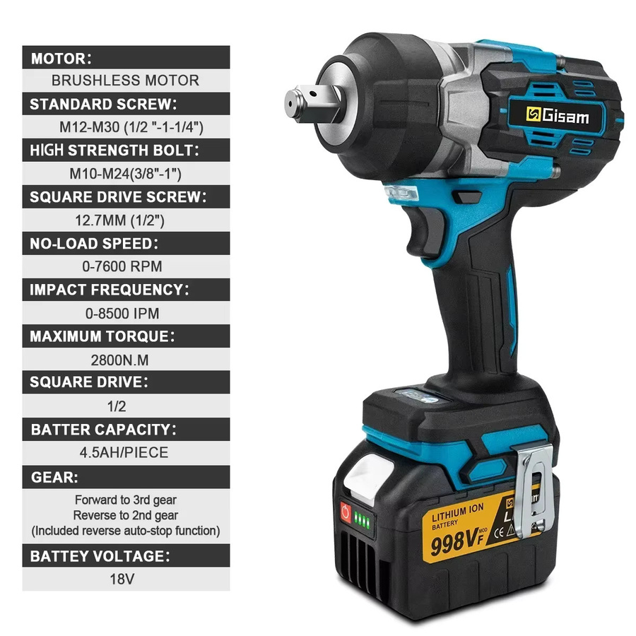 Gisam GΣ 2800 N.M Bürstenloser Akku-Schlagschrauber mit 1/2 Zoll Antrieb für Makita 18 V LXT Batterien - Bild 2