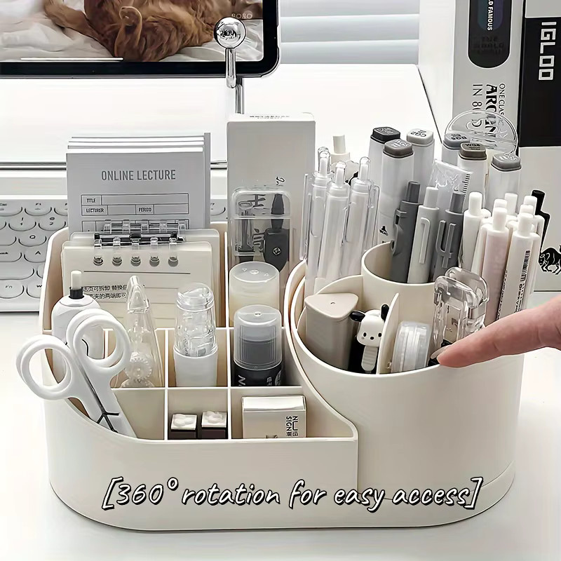 Multifunktionaler 2-in-1 Schreibtisch-Organizer aus Kunststoff mit 360 Grad drehbarem Stifthalter und mehreren Fächern in Weiß - Bild 3