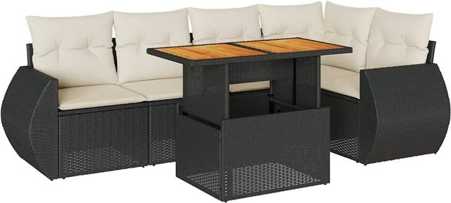vidaXL 6-teilige Garten-Sofagarnitur in L-Form aus Poly-Rattan und Akazienholz mit Kissen in Schwarz und Cremeweiß - Bild 1