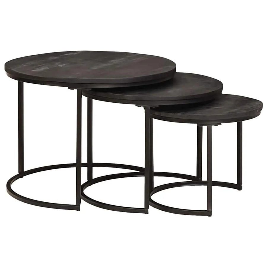 vidaXL Nesting-Couchtische 3-teilig in Schwarz aus Massivholz Mango und Stahl im industriellen Design - Bild 2