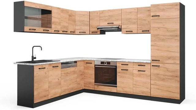 Vicco R-Line Eckküche Goldkraft Eiche Anthrazit Beige mit Marmor-Optik B/T/H: 227 x 287 x 207 cm - Bild 1