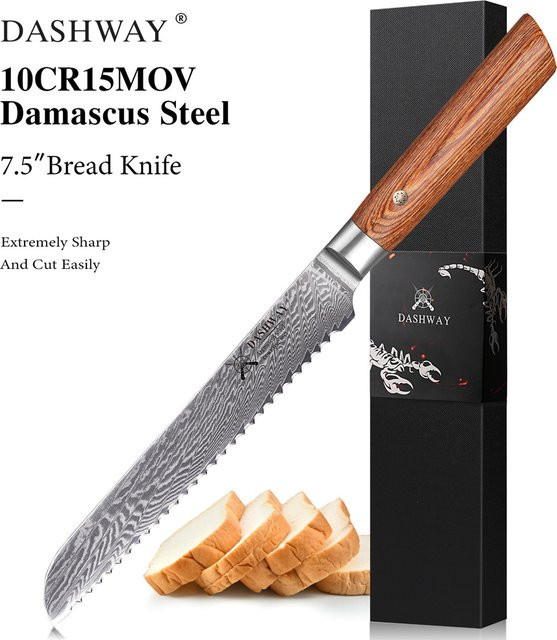 DASHWAY Damaskus Brotmesser mit Holzgriff, professionelles gezacktes Küchenmesser für Brot, Käse und Kuchen, Länge: 19,05 cm - Bild 1