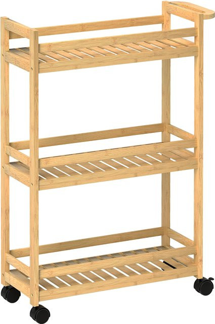 HOMCOM 3-stöckiger Servierwagen aus Bambus in Naturholz, Rollbarer Küchenwagen mit Griff für Küche, Wohnzimmer und Bad, B/T/H: 55 x 20 x 75 cm - Bild 1