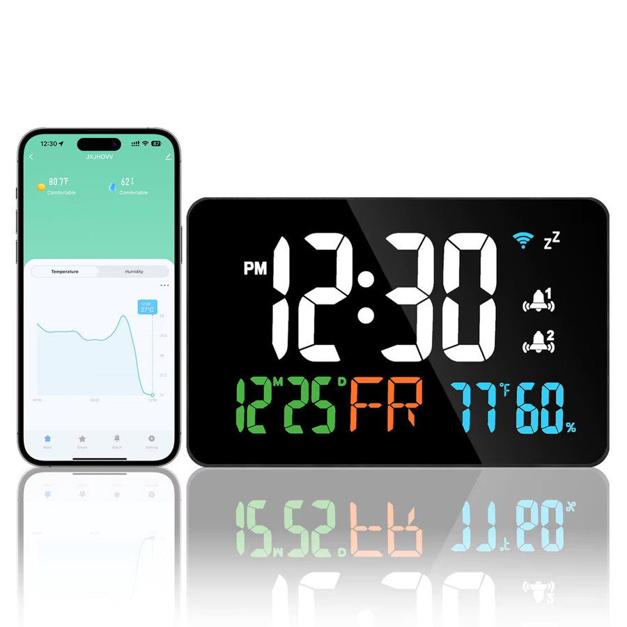 Tuya WiFi Digitale Tischuhr mit LED-Display, Kalender, Thermometer und Hygrometer in Weiß oder Schwarz - Bild 3